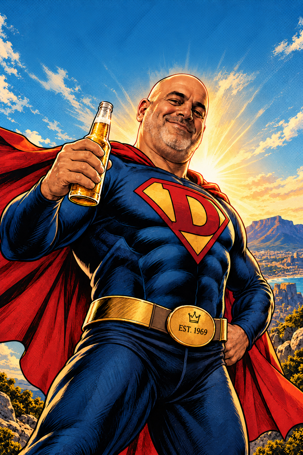 Dad illustrated as a superhero against a bright sky